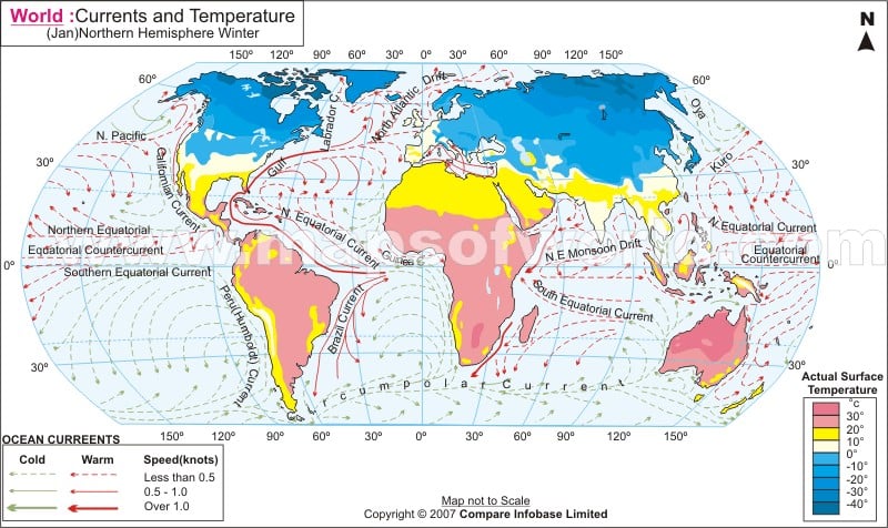 World Map Currents And Temperature In Jan