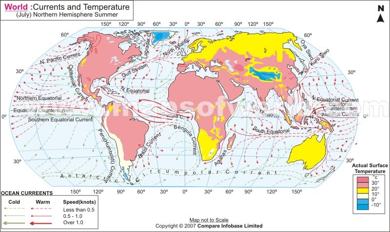 World Map Currents And Temperature In July