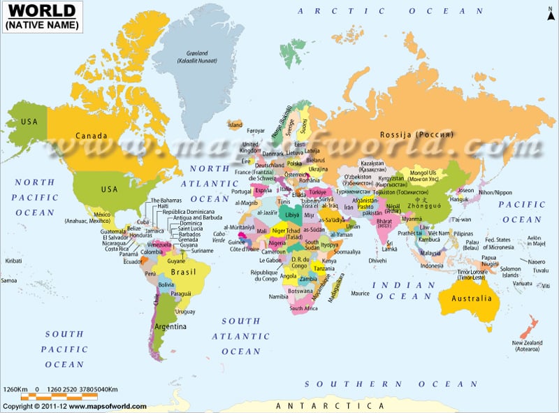 World Map showing Country Names in their Native Language