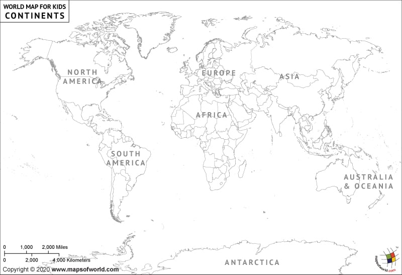 Black and White World Map for Kids Room showing country boundaries and continent names