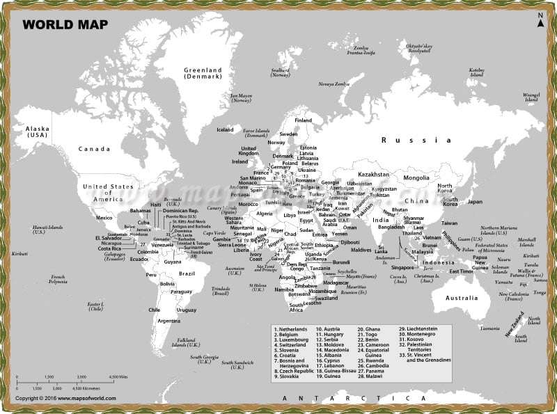 Black and White World Map with Countries Names