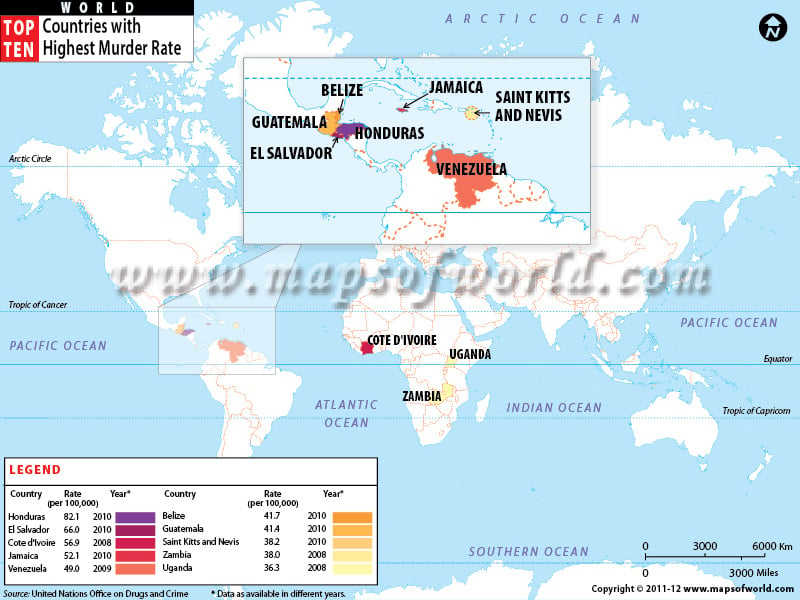 Map of top ten Countries with Highest Murder Rates