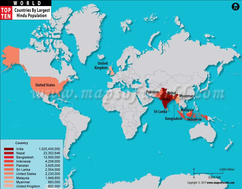 Map of Top Ten Countries With Largest Hindu Populations