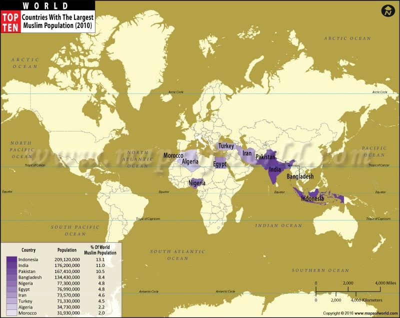 Map of World Top Ten Countries With Largest Muslim Populations