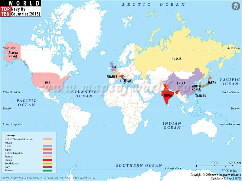 Map of Top Ten Countries With Largest Navies