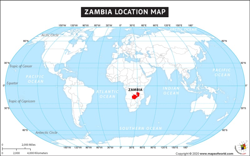 Map of World Depicting Location of Zambia