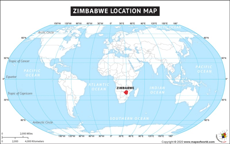 Map of World Depicting Location of Zimbabwe